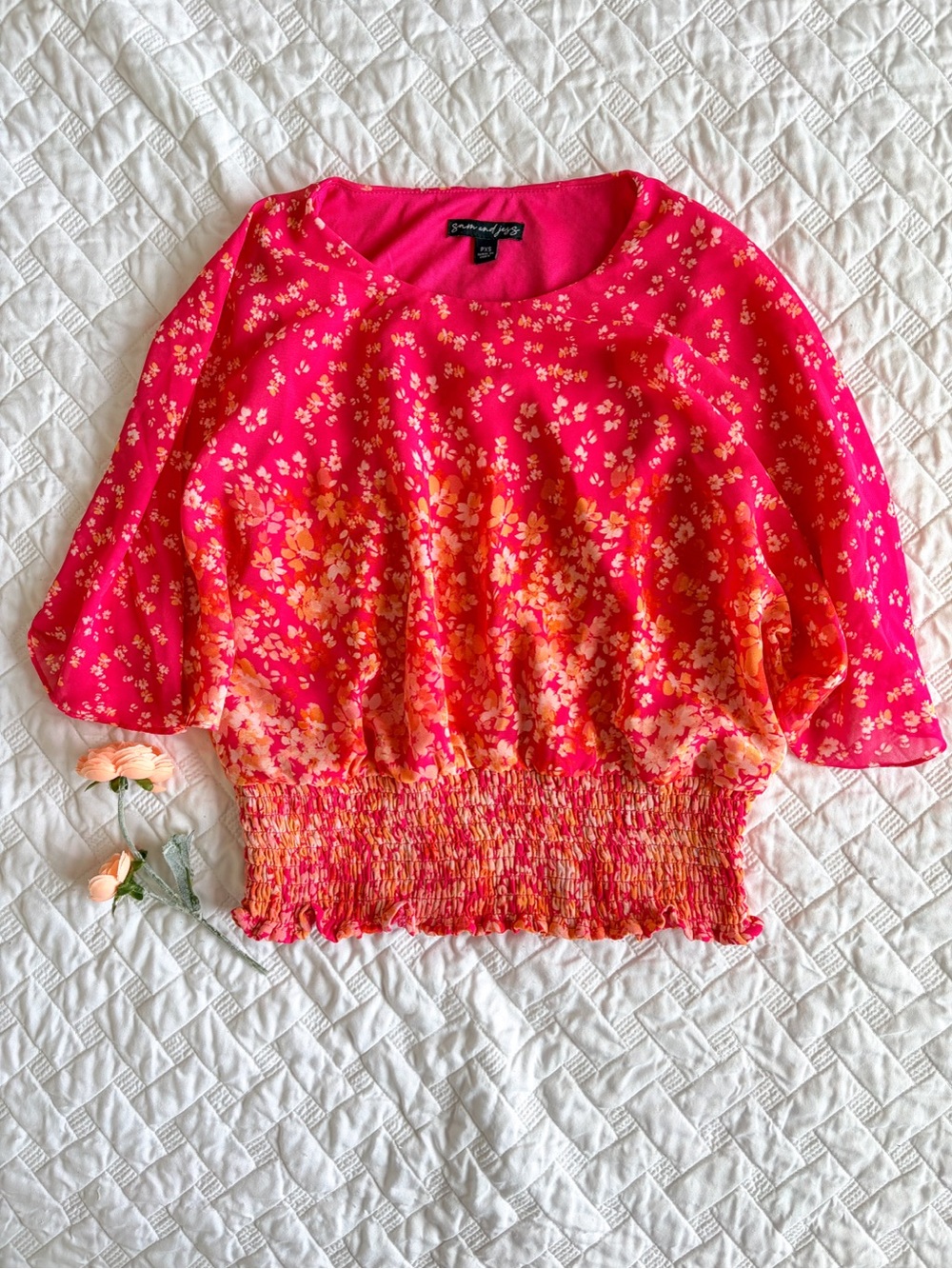 Pink Floral Smocked Waist Flutter Sleeve Blouse Petite XS